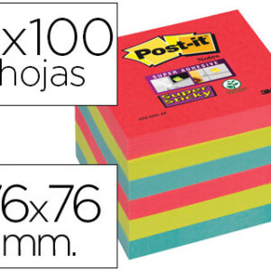 Bloco de notas adesivas post-it super sticky 76x76 mm com 6 blocos 2 vermelhos verde neon azul