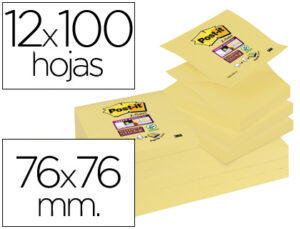 Bloco de notas adesivas post-it super sticky 76x76 mm zigzag com 12 blocos amarelo canario