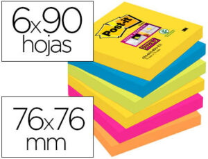 Bloco de notas adesivas post-it super sticky 76x76 mm com 90 folhas pack de 6 bloco cores sortidas colecao rio de janeir